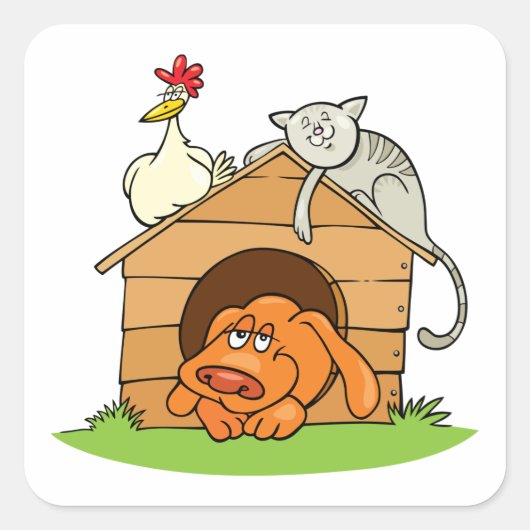 漫画おもしろいの犬の猫と鶏の犬小屋 スクエアシール (正面)