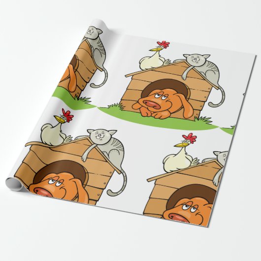 漫画おもしろいの犬の猫と鶏の犬小屋 ラッピングペーパー (アンロールド)