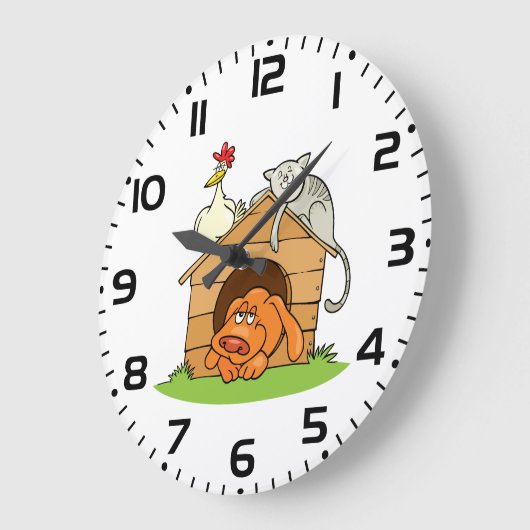 漫画おもしろいの犬の猫と鶏の犬小屋 ラージ壁時計 (傾斜)