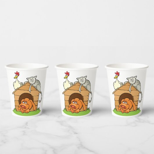 漫画おもしろいの犬の猫と鶏の犬小屋 紙コップ