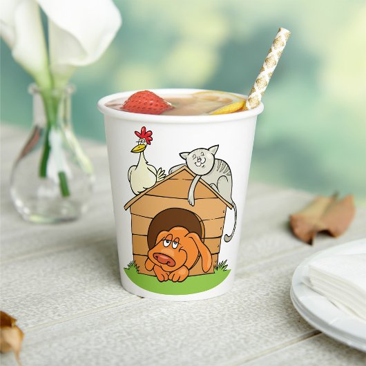 漫画おもしろいの犬の猫と鶏の犬小屋 紙コップ