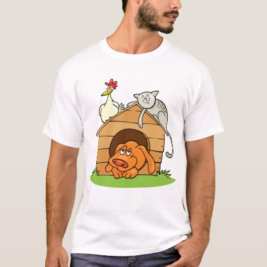 漫画おもしろいの犬の猫と鶏の犬小屋 Tシャツ (正面)