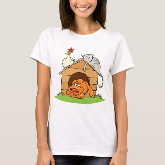漫画おもしろいの犬の猫と鶏の犬小屋 Tシャツ (正面)