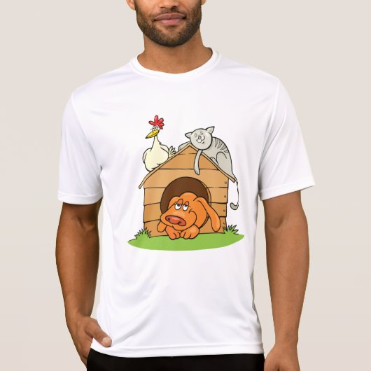 漫画おもしろいの犬の猫と鶏の犬小屋 Tシャツ (正面)