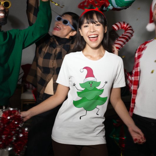 漫画おもしろいクリスマスツリー、サンタハットと顔 Tシャツ