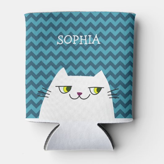 漫画おもしろい白猫顔ドードル、ブルーシェブロン 缶クーラー (正面)