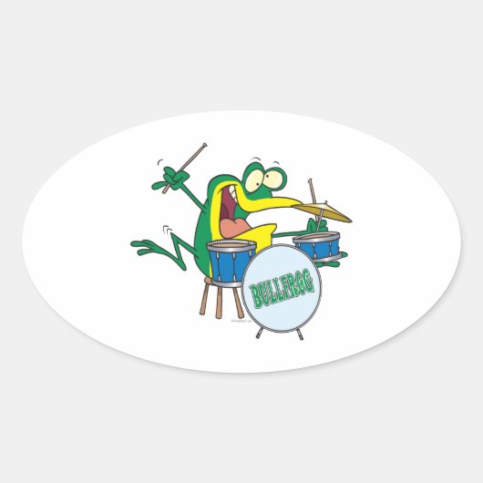 漫画おもしろい間抜けのカエルのドラマー 楕円形シール (正面)