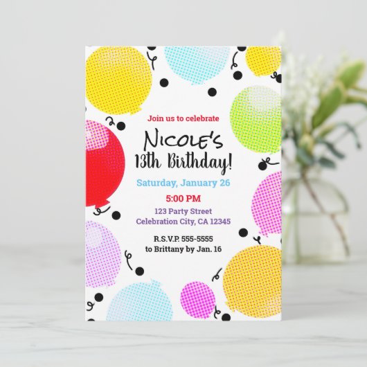 漫画お洒落スタイルバルーン誕生日パーティー 招待状 (スタンド正面)