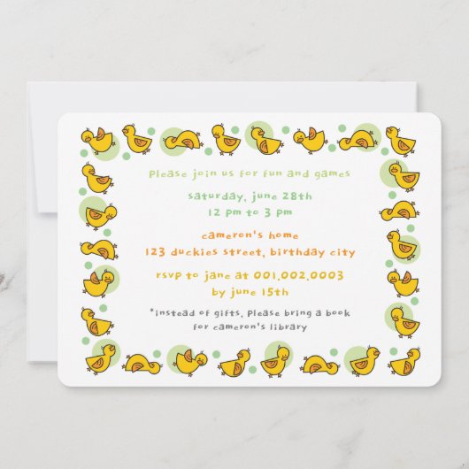 漫画お洒落ダックスグリーンガールフォト誕生日 招待状 (裏面)