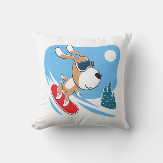 漫画かわいいおもしろい犬子犬のスノーボード冬の日 クッション (正面)