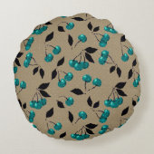 漫画かわいいブルーさくらんぼベリーブラック葉ベージュ ラウンドクッション (裏面)