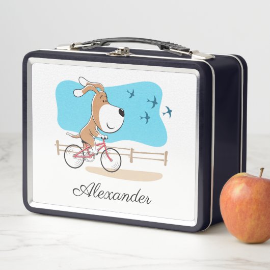 漫画かわいい犬の子犬のサイクリング乗用自転車 メタルランチボックス (インサイチュ)