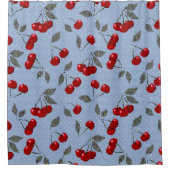 漫画かわいい赤いさくらんぼベリーグリーン葉のブルーバ シャワーカーテン (正面)