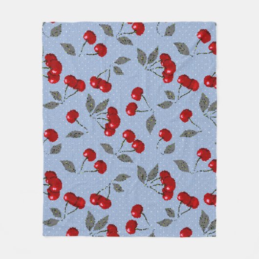 漫画かわいい赤いさくらんぼベリーグリーン葉のブルーバ フリースブランケット (正面)