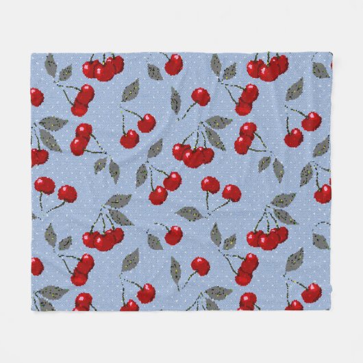 漫画かわいい赤いさくらんぼベリーグリーン葉のブルーバ フリースブランケット (正面(横))