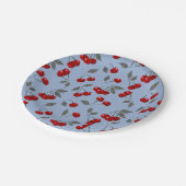漫画かわいい赤いさくらんぼベリーグリーン葉のブルーバ ペーパープレート (アングル)