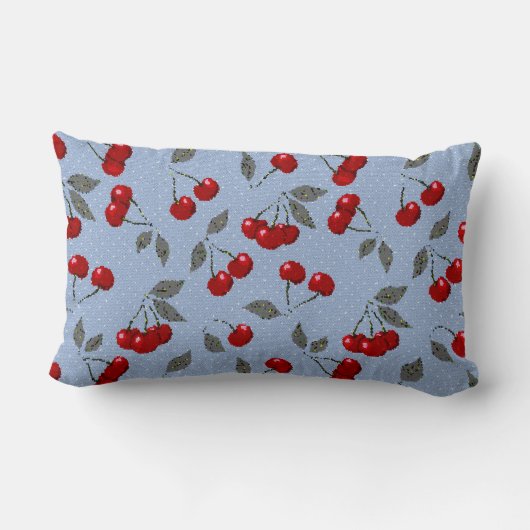 漫画かわいい赤いさくらんぼベリーグリーン葉のブルーバ ランバークッション (裏面)