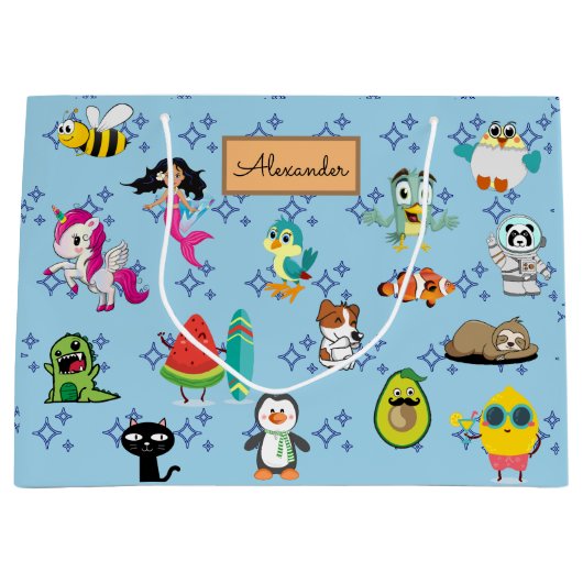 漫画が可愛い青い子ども漫画を引き付ける ラージペーパーバッグ (正面)