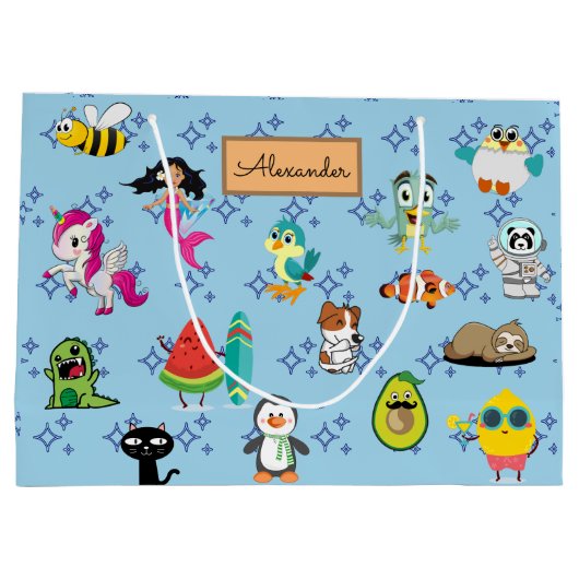 漫画が可愛い青い子ども漫画を引き付ける ラージペーパーバッグ (裏面)