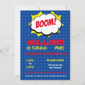 漫画すごいヒーローブルーパーソナライズされた子供の誕生日 招待状 (正面)