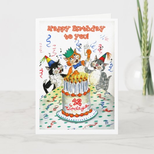 漫画で歌う猫たち12歳誕生日 カード (正面)