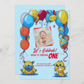 漫画と風船を持つ最初の誕生日の招待 招待状 (正面/裏面)