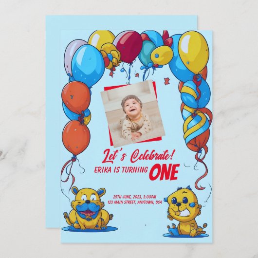 漫画と風船を持つ最初の誕生日の招待 招待状 (正面/裏面)
