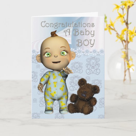漫画のある男の赤ちゃんカードおめでとう カード (黄色い花)
