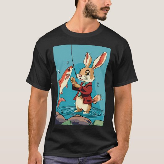 漫画のうさぎが魚を釣る Tシャツ (正面)