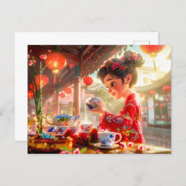 漫画のお茶を盛る女伝統的の子 シーズンポストカード
