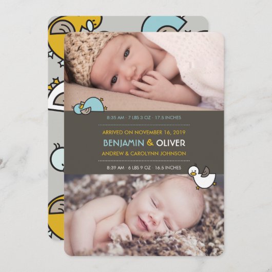 漫画のアヒル男の赤ちゃん双子の誕生のお知らせ 案内状 (正面/裏面)