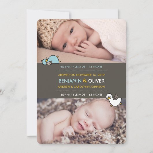 漫画のアヒル男の赤ちゃん双子の誕生のお知らせ 案内状 (正面)