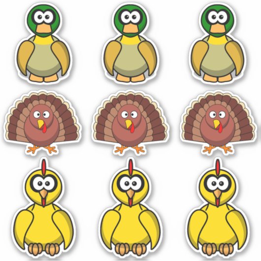 漫画のアヒル、七面鳥、ニワトリ シール (正面)