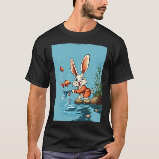 漫画のウサギが魚を釣る Tシャツ (正面)