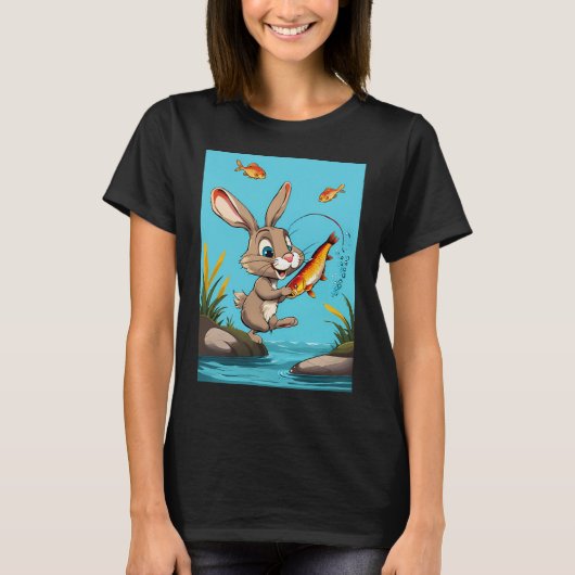 漫画のウサギが魚を釣る Tシャツ (正面)