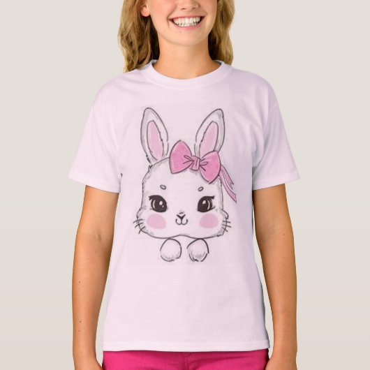漫画のウサギとピンクの弓 Tシャツ (正面)