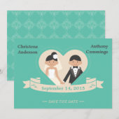 漫画のカップルがお互いの結婚式の日程を保存するお知らせ(カリフォルニア州) 招待状 (正面/裏面)