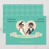 漫画のカップルがお知らせするSave The Dateのお知らせ（LAA) 招待状 (正面/裏面)