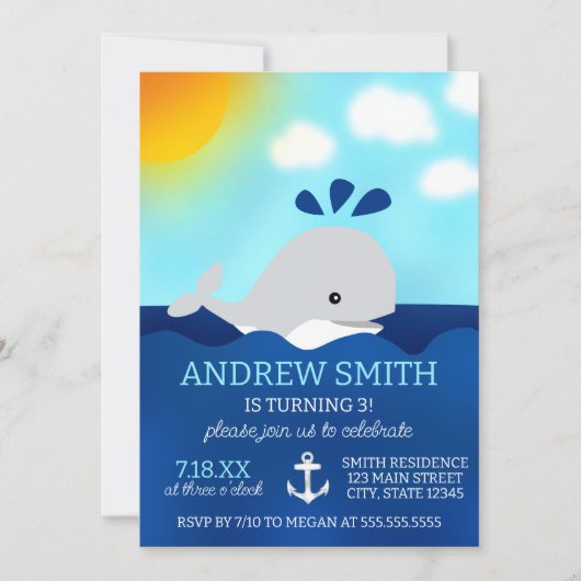 漫画のクジラの夏の誕生日パーティーへの招待 招待状 (正面)