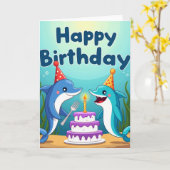 漫画のクジラの誕生日カード カード (黄色い花)