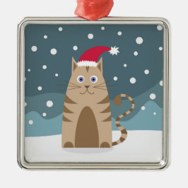 漫画のクリスマス猫は雪の中でサンタ帽をかぶった メタルオーナメント