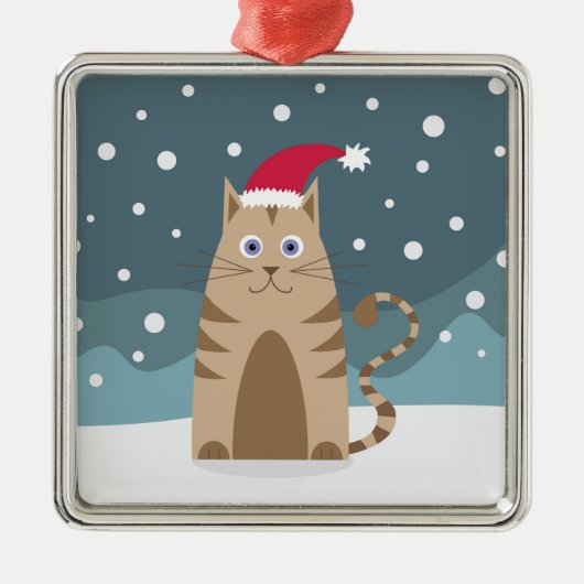 漫画のクリスマス猫は雪の中でサンタ帽をかぶった メタルオーナメント (正面)