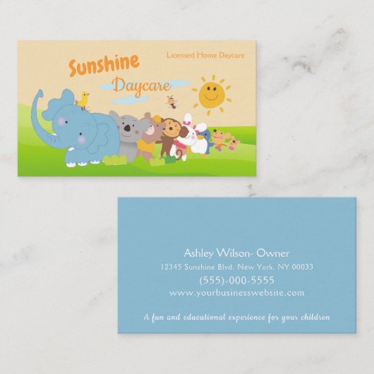 漫画のサファリ動物の子ども保育子付き 名刺 (正面/裏面)
