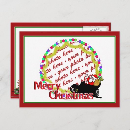 漫画のサンタさんのそりに乗る写真立て シーズンポストカード (正面/裏面)