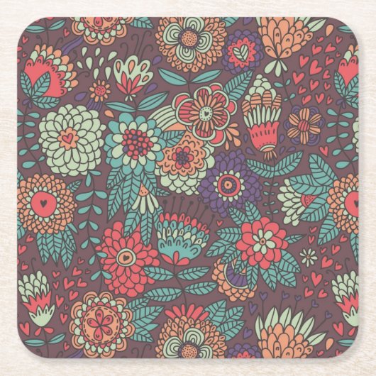 漫画のスタイルのカラフルな花パターン スクエアペーパーコースター (正面)