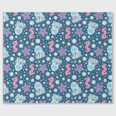 漫画のタツノオトシゴ及びくらげ|の青いピンクの紫色 ラッピングペーパー (フラット)