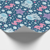 漫画のタツノオトシゴ及びくらげ|の青いピンクの紫色 ラッピングペーパー (角)