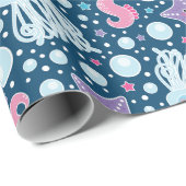 漫画のタツノオトシゴ及びくらげ|の青いピンクの紫色 ラッピングペーパー (ロールコーナー)