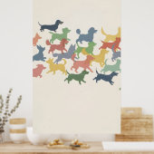 漫画のダイナミックな犬遊のシルエットの紙 ポスター (キッチン)