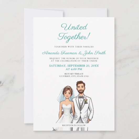 漫画のティール(緑がかった色)と白パーソナライズされた写結婚真 招待状 (正面)